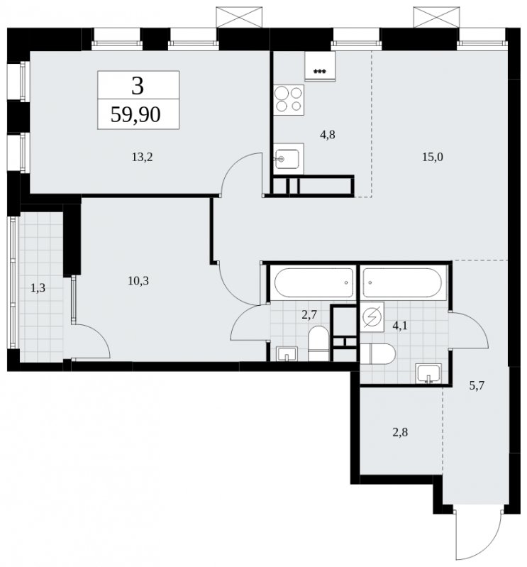 3-комнатная квартира (евро) с полной отделкой, 59.9 м2, 14 этаж, сдача 1 квартал 2025 г., ЖК Дзен-кварталы, корпус 1.1 - объявление 1895579 - фото №1