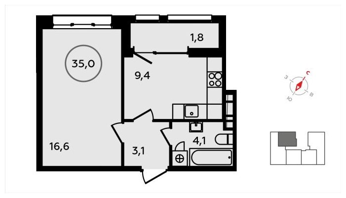 1-комнатная квартира без отделки, 35 м2, 6 этаж, сдача 3 квартал 2024 г., ЖК Скандинавия, корпус 2.22.2 - объявление 1625439 - фото №1