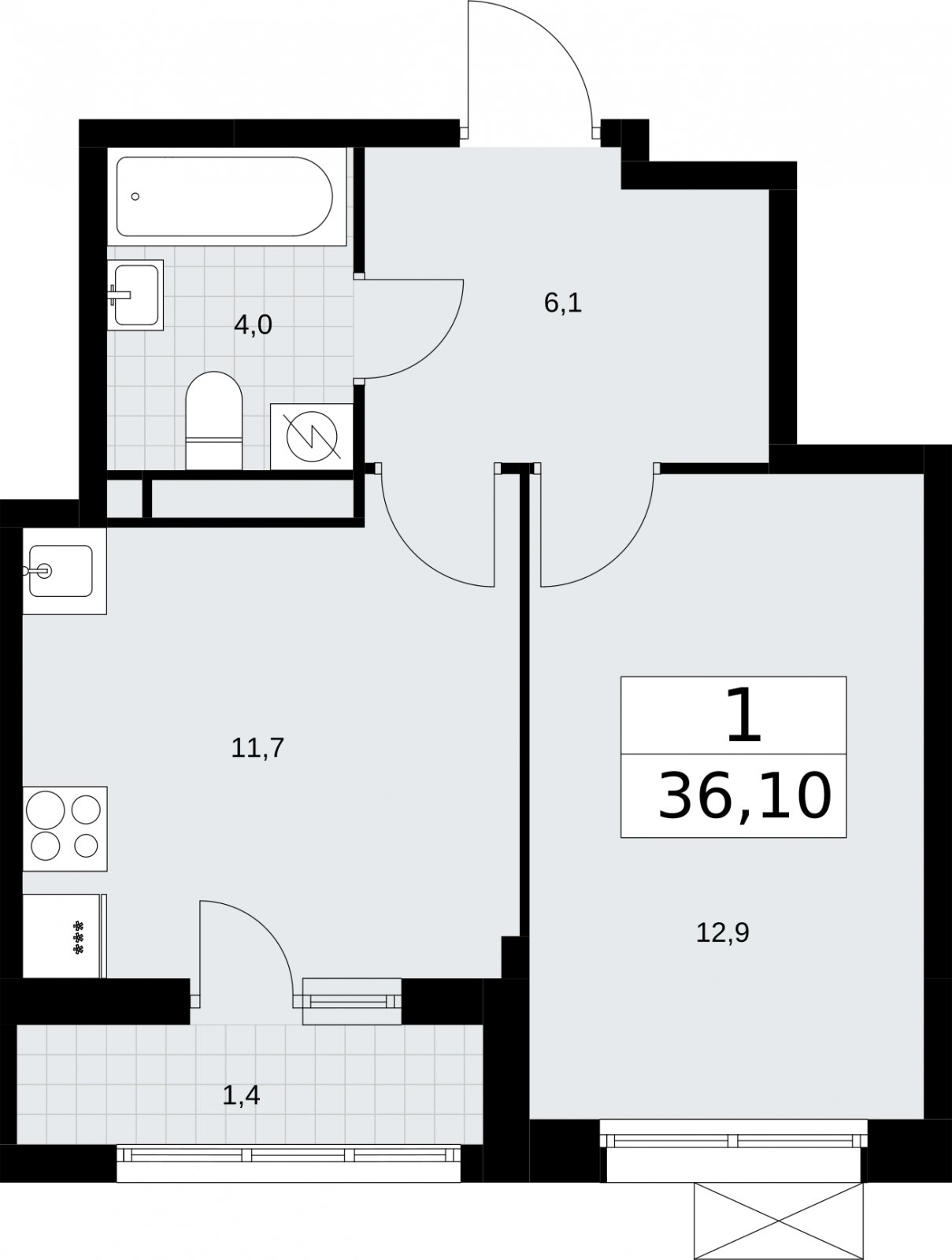 1-комнатная квартира без отделки, 36.1 м2, 3 этаж, сдача 3 квартал 2026 г., ЖК Родные кварталы, корпус 2 - объявление 2295566 - фото №1