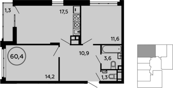 2-комнатная квартира без отделки, 60.9 м2, 16 этаж, дом сдан, ЖК Скандинавия, корпус 2.14.1 - объявление 1994335 - фото №1