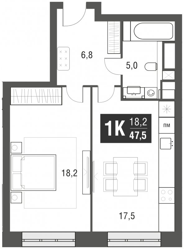 1-комнатная квартира с частичной отделкой, 47.5 м2, 18 этаж, сдача 2 квартал 2024 г., ЖК AFI Tower, корпус 1 - объявление 1930910 - фото №1
