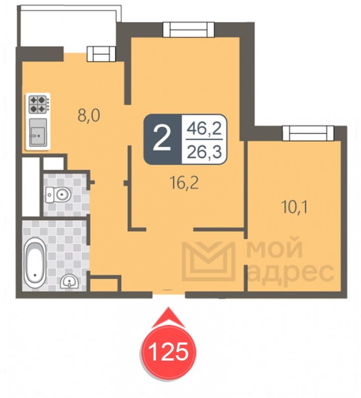 2-комнатная квартира с полной отделкой, 46.2 м2, 7 этаж, дом сдан, ЖК мой адрес В Зеленограде, корпус 2032 - объявление 1853427 - фото №1