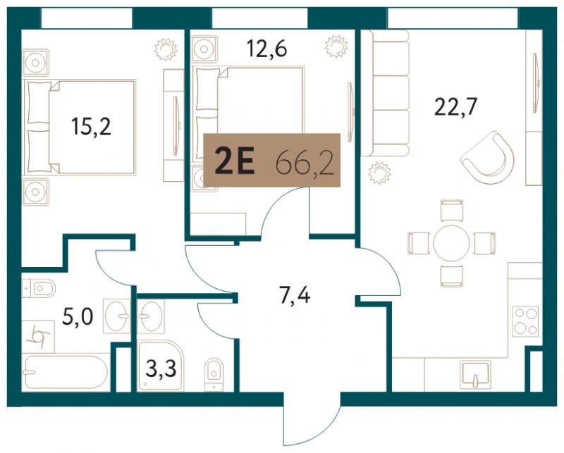 2-комнатная квартира 66.2 м2, 20 этаж, сдача 4 квартал 2022 г., ЖК Настоящее, корпус 4 - объявление 1711378 - фото №1