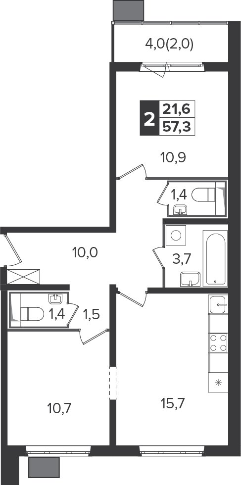2-комнатная квартира без отделки, 56.8 м2, 8 этаж, дом сдан, ЖК Южная Битца, корпус 6 - объявление 2208271 - фото №1