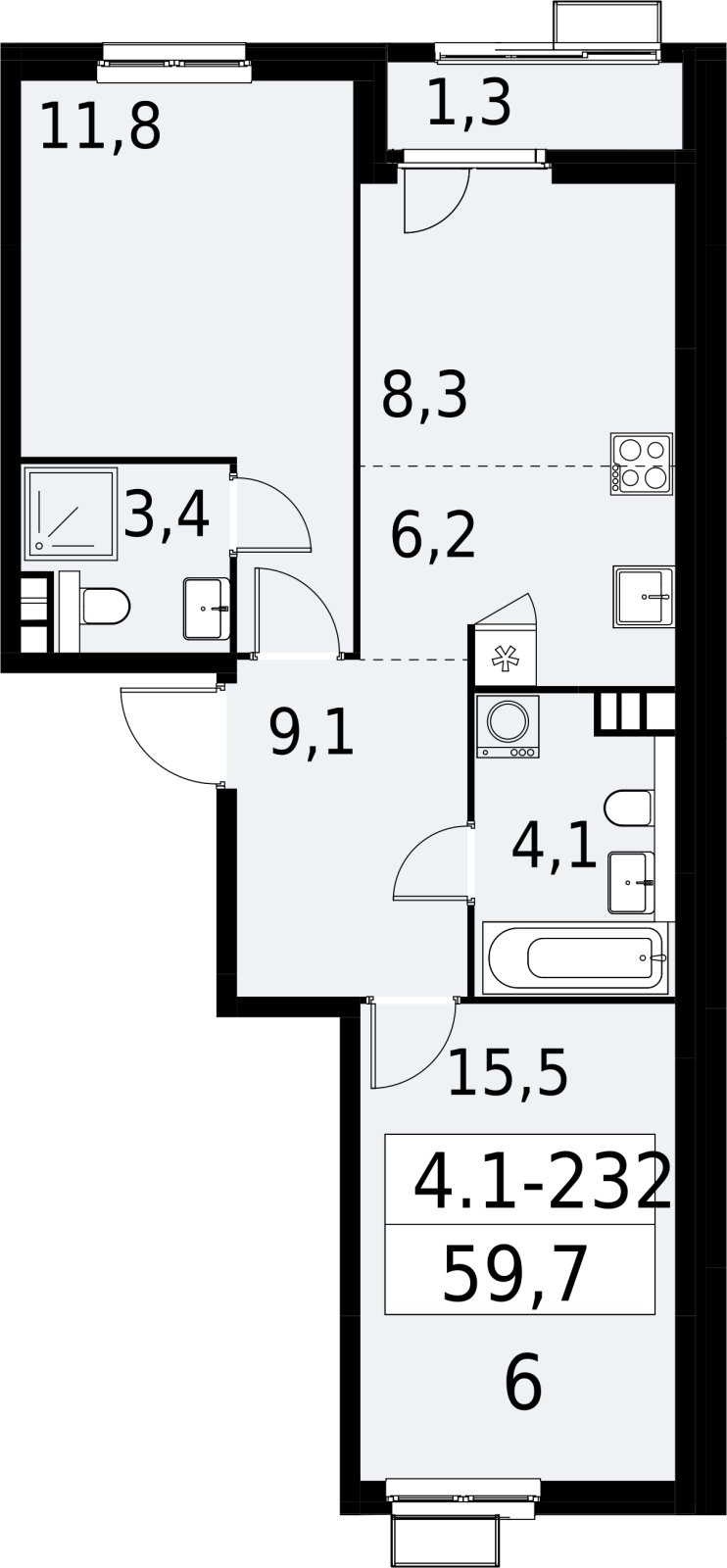 3-комнатная квартира (евро) с полной отделкой, 59.7 м2, 6 этаж, сдача 2 квартал 2027 г., ЖК Южные сады, корпус 4.1.2 - объявление 2392750 - фото №1