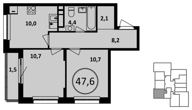 2-комнатная квартира без отделки, 47.6 м2, 11 этаж, сдача 1 квартал 2023 г., ЖК Испанские кварталы, корпус 6.1 - объявление 1409805 - фото №1