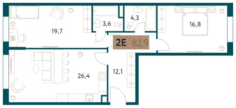 2-комнатная квартира 82.9 м2, 13 этаж, сдача 4 квартал 2022 г., ЖК Настоящее, корпус 4 - объявление 1349129 - фото №1