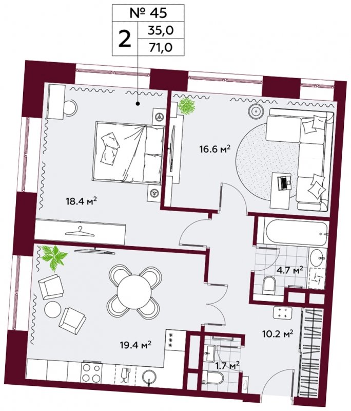 2-комнатные апартаменты без отделки, 71 м2, 7 этаж, сдача 4 квартал 2023 г., ЖК Сити комплекс Амарант, корпус 1 - объявление 1595963 - фото №1