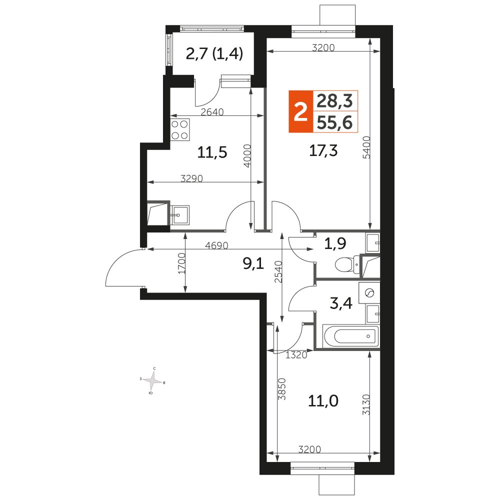 2-комнатная квартира без отделки, 55.9 м2, 1 этаж, дом сдан, ЖК UP-квартал Римский, корпус 7 - объявление 2353900 - фото №1
