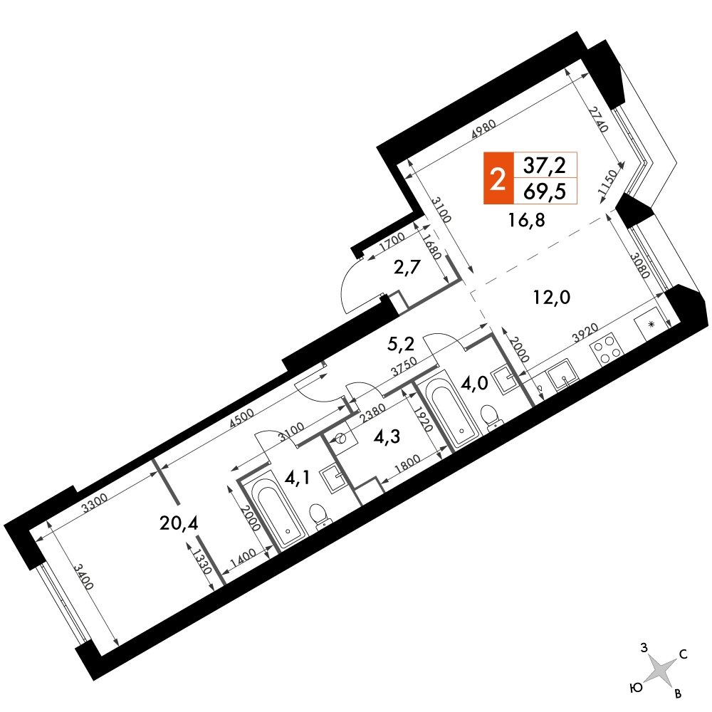 2-комнатная квартира без отделки, 69.5 м2, 42 этаж, дом сдан, ЖК Архитектор, корпус 3 - объявление 2207495 - фото №1