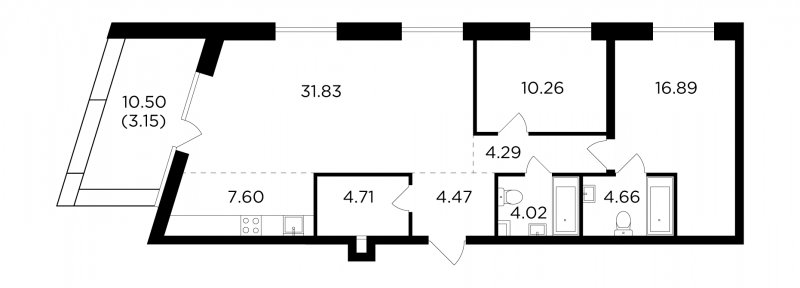3-комнатная квартира без отделки, 91.88 м2, 13 этаж, сдача 4 квартал 2023 г., ЖК FORIVER, корпус 9 - объявление 1770833 - фото №1