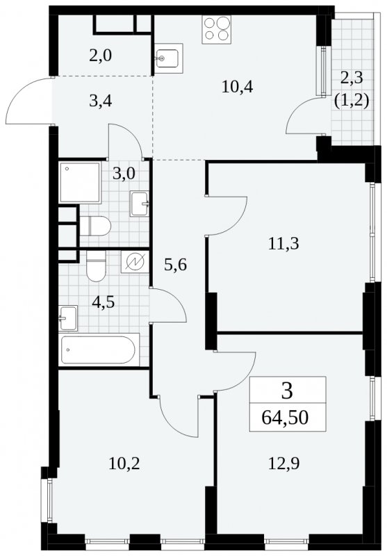 3-комнатная квартира с частичной отделкой, 64.5 м2, 12 этаж, сдача 2 квартал 2025 г., ЖК Южные сады, корпус 2.2 - объявление 1757536 - фото №1