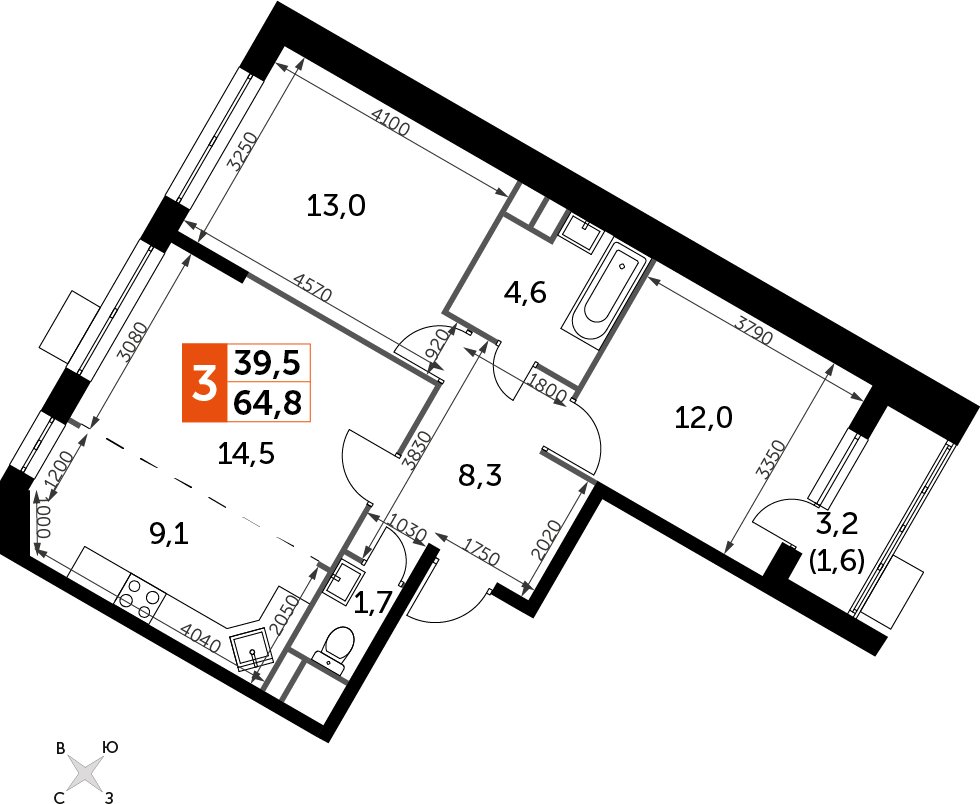 3-комнатная квартира без отделки, 66.2 м2, 8 этаж, дом сдан, ЖК Датский квартал, корпус 2 - объявление 2355129 - фото №1