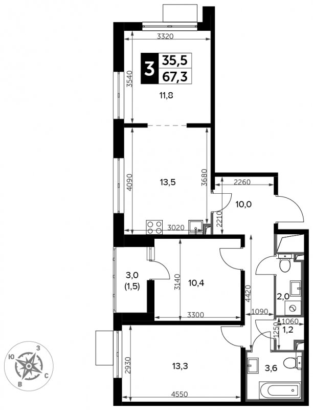 3-комнатная квартира с частичной отделкой, 67.3 м2, 12 этаж, сдача 3 квартал 2023 г., ЖК Южная Битца, корпус 12 - объявление 1771677 - фото №1