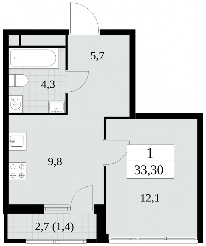 1-комнатная квартира без отделки, 33.3 м2, 16 этаж, сдача 2 квартал 2025 г., ЖК Южные сады, корпус 2.4 - объявление 1760261 - фото №1