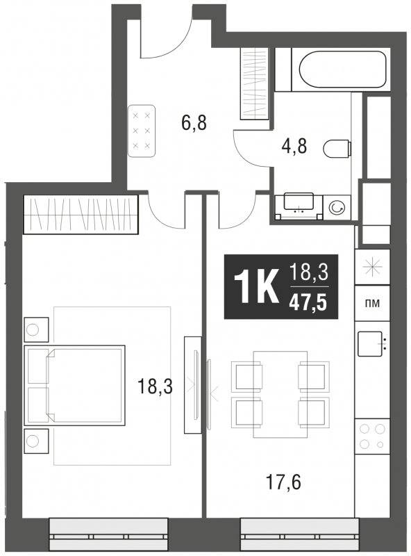 1-комнатная квартира с частичной отделкой, 47.5 м2, 26 этаж, сдача 2 квартал 2024 г., ЖК AFI Tower, корпус 1 - объявление 1930930 - фото №1