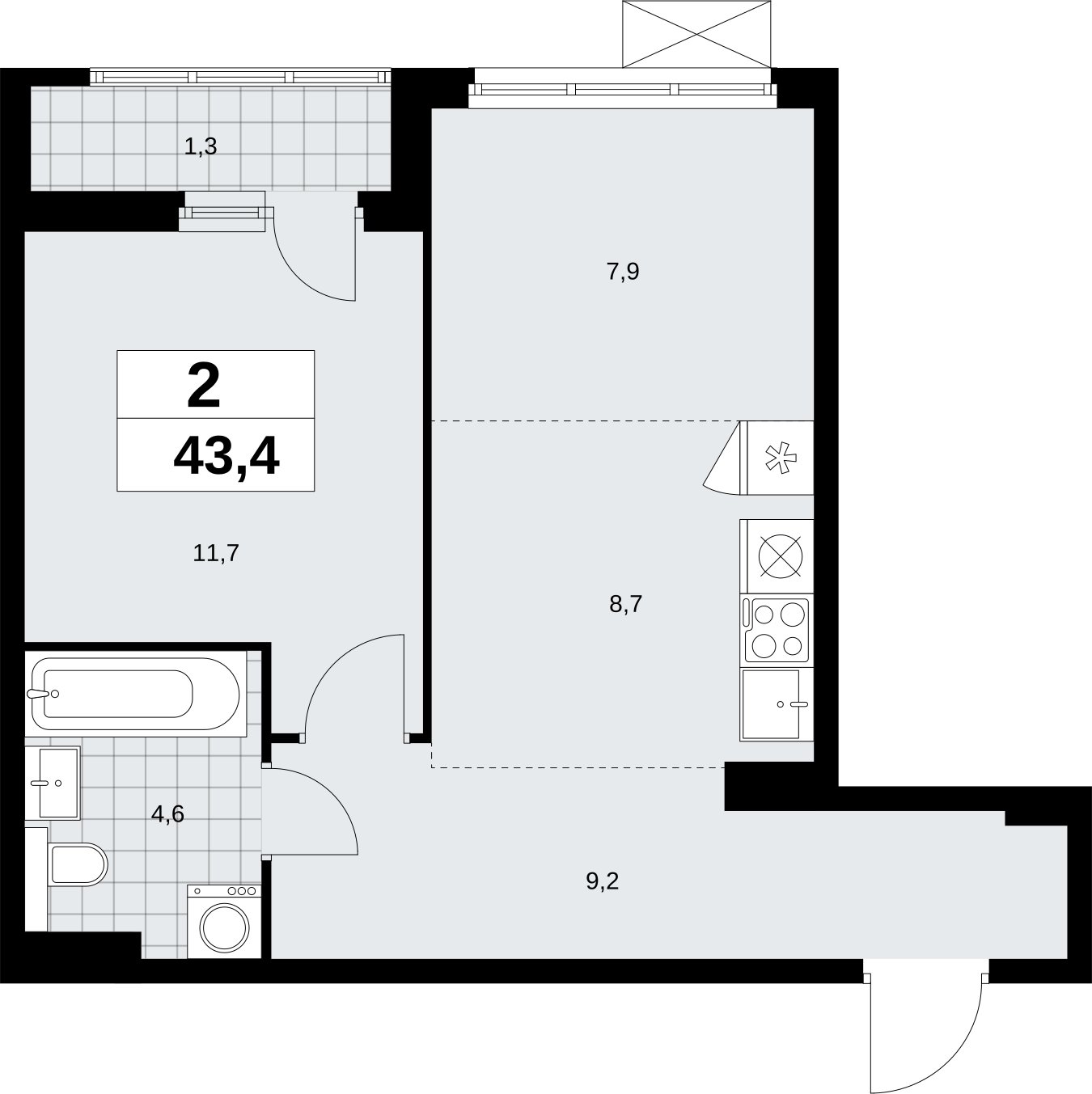 2-комнатная квартира (евро) без отделки, 43.4 м2, 8 этаж, сдача 2 квартал 2026 г., ЖК Бунинские кварталы, корпус 9.1 - объявление 2323935 - фото №1