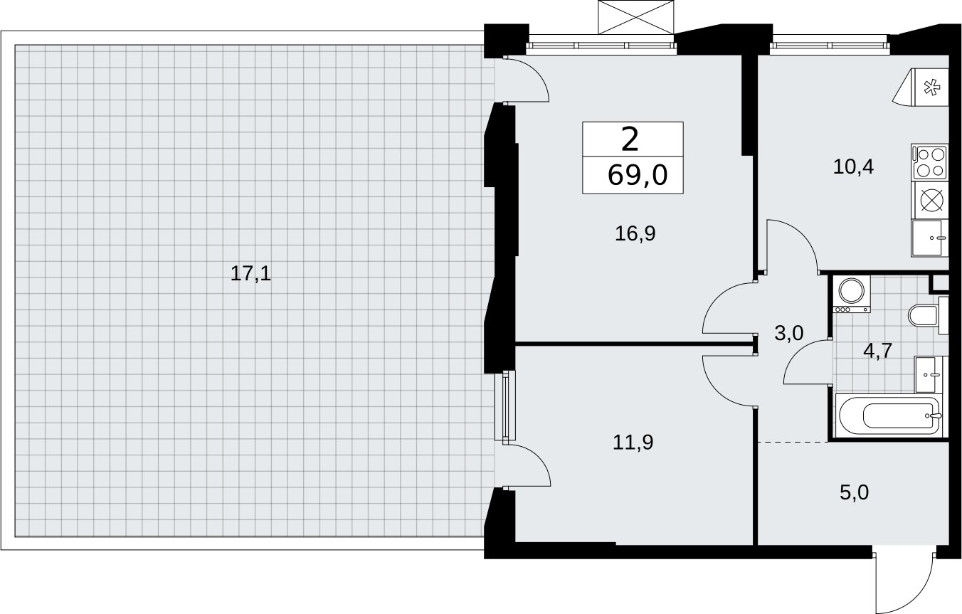 2-комнатная квартира без отделки, 69 м2, 2 этаж, сдача 2 квартал 2026 г., ЖК Бунинские кварталы, корпус 5.2 - объявление 2297308 - фото №1