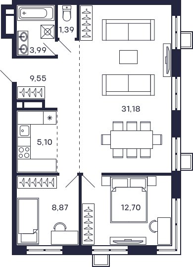 2-комнатная квартира с частичной отделкой, 71.29 м2, 20 этаж, сдача 2 квартал 2025 г., ЖК Квартал Тетрис, корпус "Квартал Тетрис 2.2" - объявление 2296896 - фото №1
