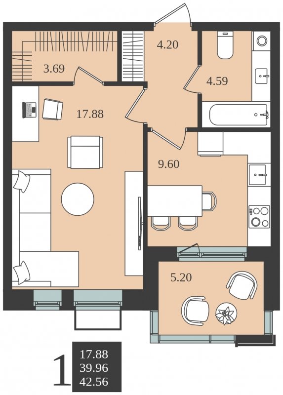 1-комнатная квартира без отделки, 42.56 м2, 2 этаж, сдача 1 квартал 2024 г., ЖК Мишино-2, корпус 7 - объявление 1748178 - фото №1