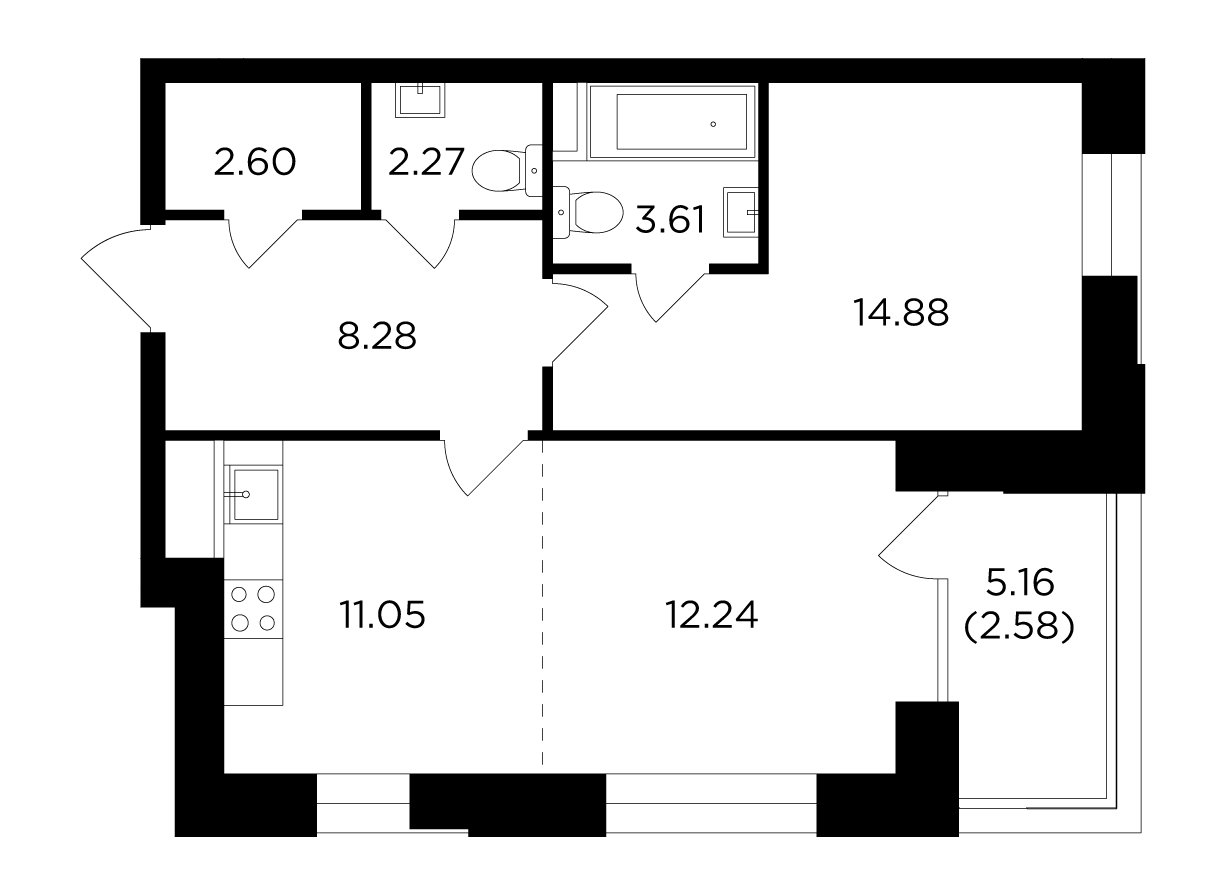 2-комнатная квартира без отделки, 57.51 м2, 8 этаж, сдача 4 квартал 2023 г., ЖК FORIVER, корпус 7 - объявление 2007695 - фото №1