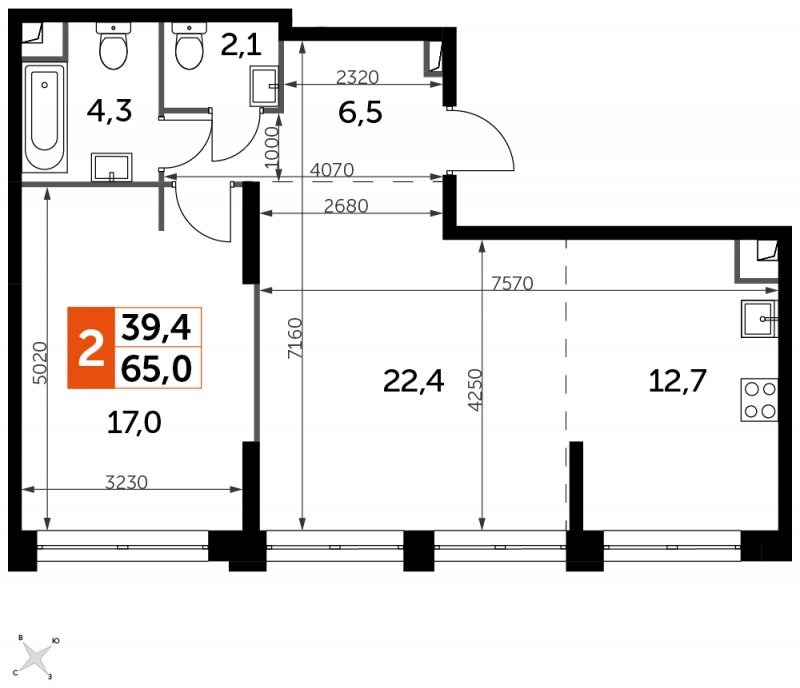 2-комнатная квартира без отделки, 65 м2, 40 этаж, сдача 1 квартал 2023 г., ЖК Sydney City, корпус 3 - объявление 1569019 - фото №1