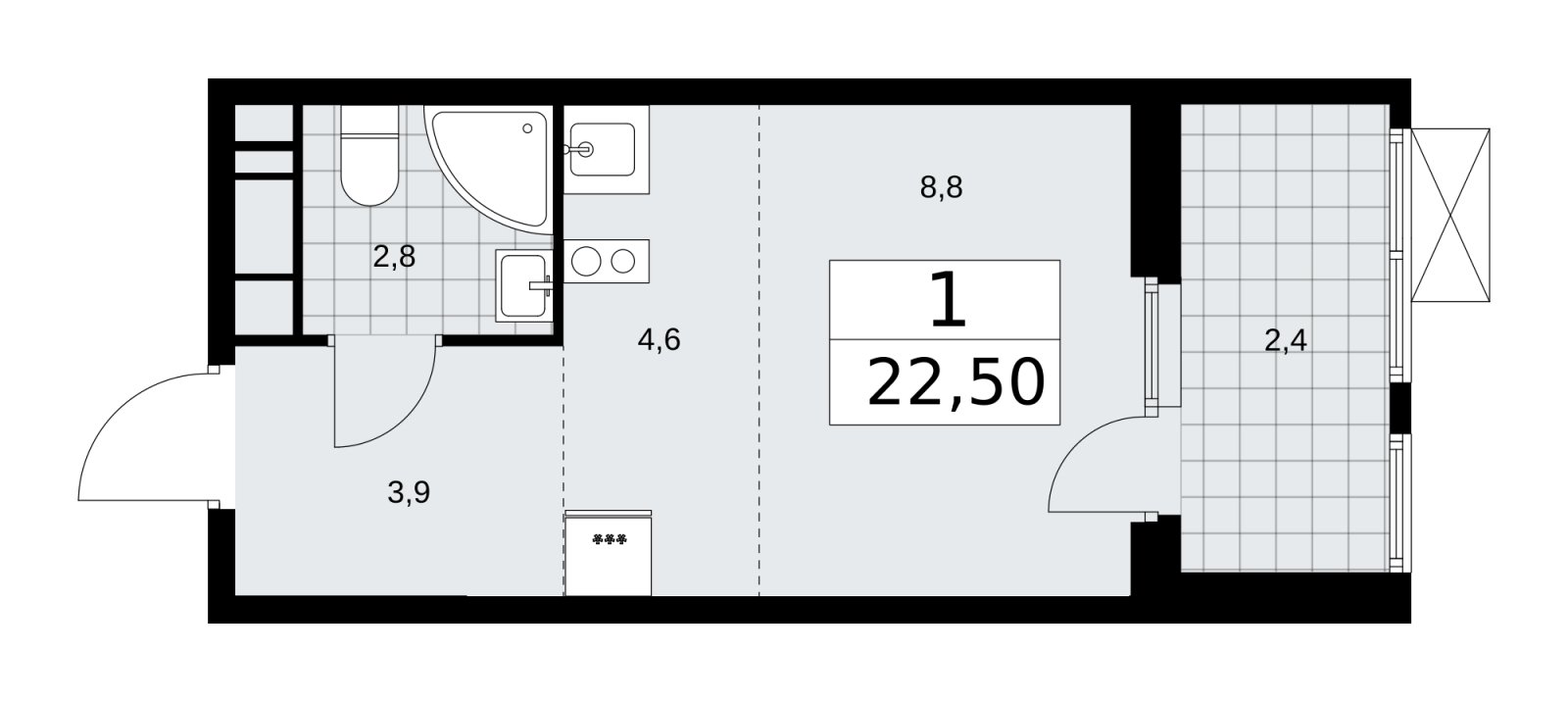 Студия с частичной отделкой, 22.5 м2, 11 этаж, сдача 4 квартал 2025 г., ЖК Бунинские кварталы, корпус 3.5 - объявление 2152207 - фото №1