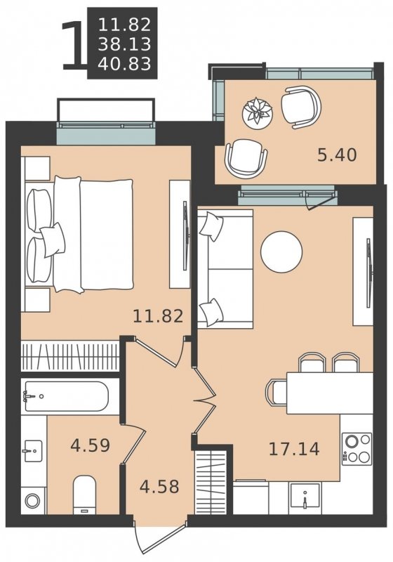 1-комнатная квартира без отделки, 40.83 м2, 5 этаж, сдача 1 квартал 2024 г., ЖК Мишино-2, корпус 6 - объявление 1949075 - фото №1