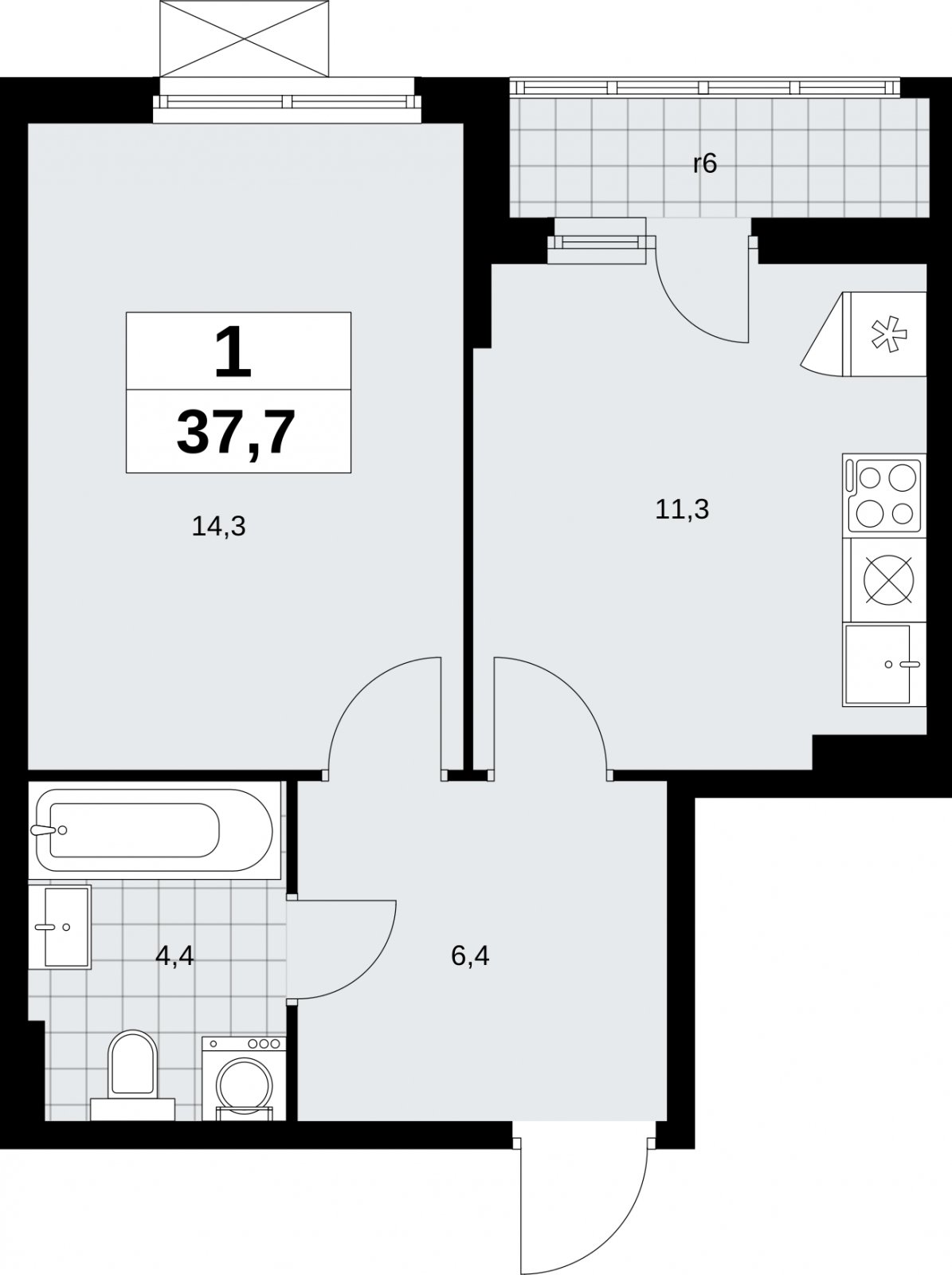 1-комнатная квартира без отделки, 37.7 м2, 3 этаж, сдача 1 квартал 2026 г., ЖК Дзен-кварталы, корпус 6.2.1 - объявление 2328522 - фото №1