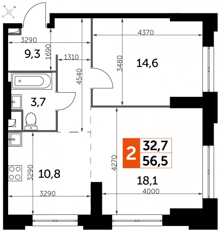 2-комнатная квартира с частичной отделкой, 56.5 м2, 3 этаж, сдача 1 квартал 2023 г., ЖК Sydney City, корпус 3 - объявление 1569076 - фото №1