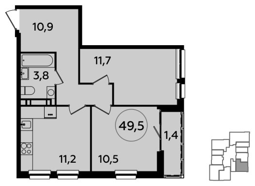 2-комнатная квартира без отделки, 49.5 м2, 19 этаж, сдача 1 квартал 2024 г., ЖК Южные сады, корпус 1.2 - объявление 1512221 - фото №1