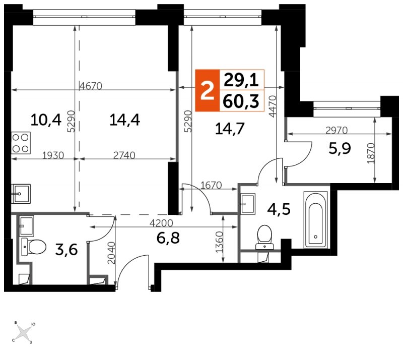 2-комнатная квартира с частичной отделкой, 60.3 м2, 15 этаж, сдача 1 квартал 2023 г., ЖК Sydney City, корпус 3 - объявление 1568959 - фото №1