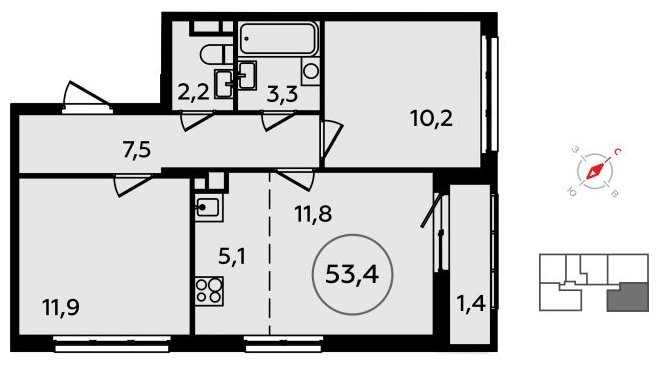 3-комнатная квартира (евро) без отделки, 53.4 м2, 5 этаж, сдача 4 квартал 2023 г., ЖК Скандинавия, корпус 15 - объявление 1517155 - фото №1
