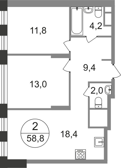 2-комнатная квартира без отделки, 58.8 м2, 5 этаж, сдача 1 квартал 2025 г., ЖК город-парк Переделкино Ближнее, корпус 17-1 - объявление 2406240 - фото №1