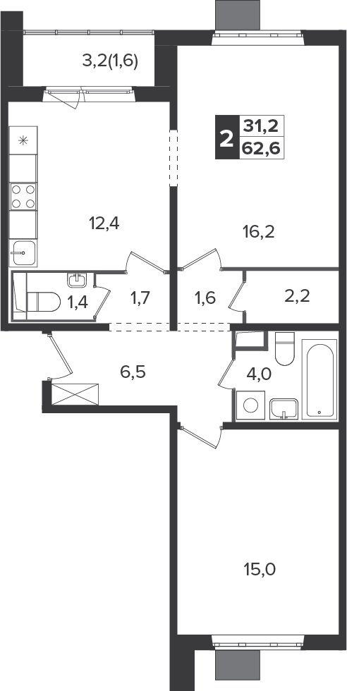 2-комнатная квартира без отделки, 61.6 м2, 22 этаж, дом сдан, ЖК Южная Битца, корпус 6 - объявление 2348245 - фото №1