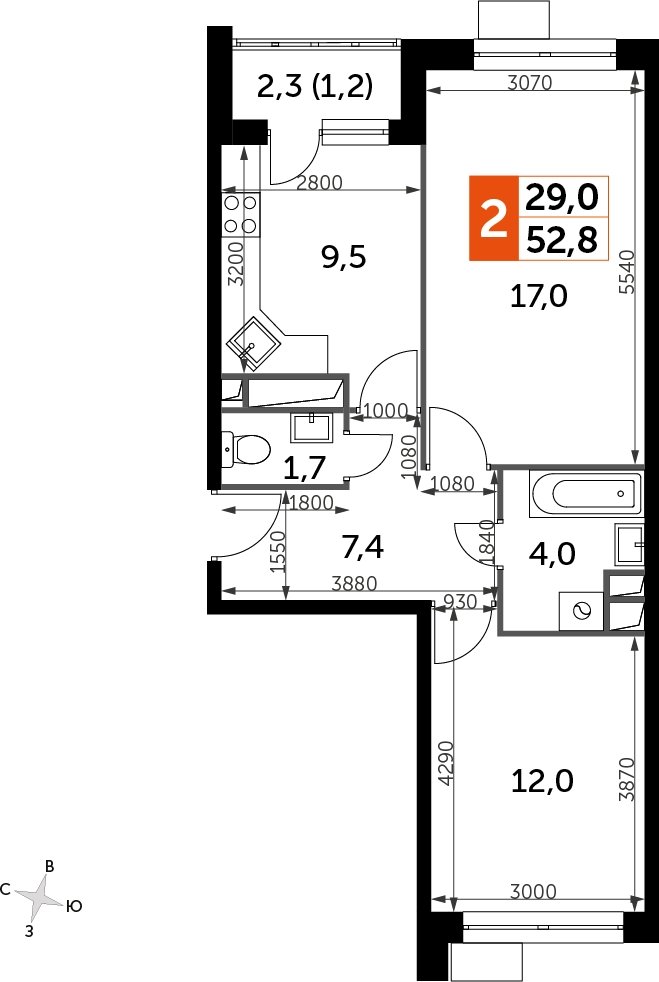2-комнатная квартира без отделки, 52.7 м2, 5 этаж, дом сдан, ЖК Датский квартал, корпус 2 - объявление 2335358 - фото №1
