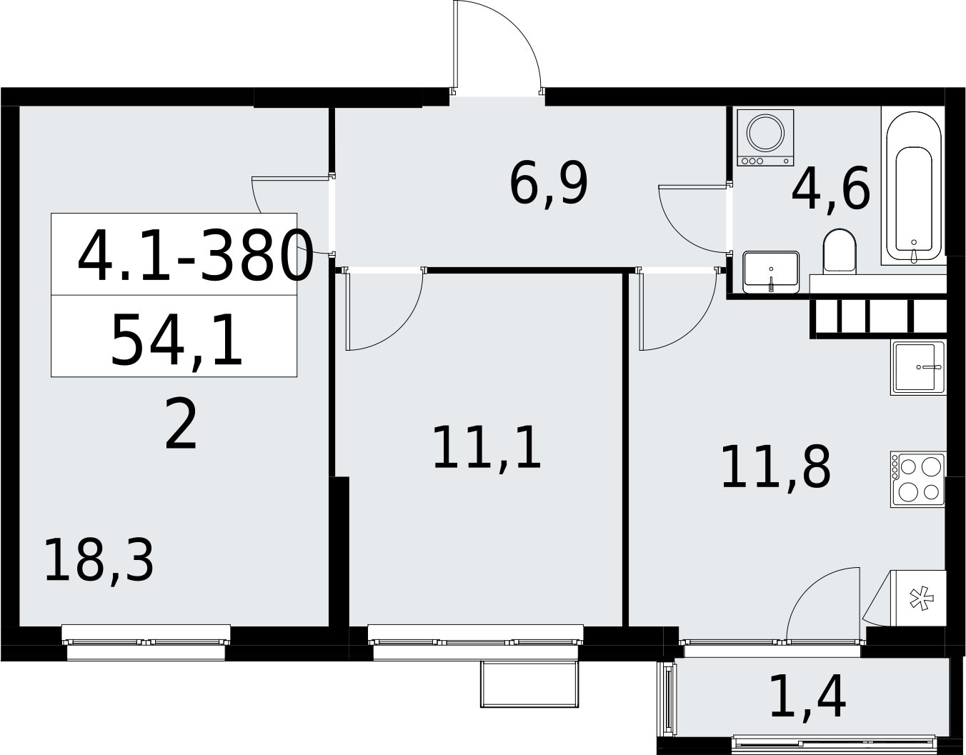 2-комнатная квартира с полной отделкой, 54.1 м2, 24 этаж, сдача 2 квартал 2027 г., ЖК Южные сады, корпус 4.1.2 - объявление 2392886 - фото №1