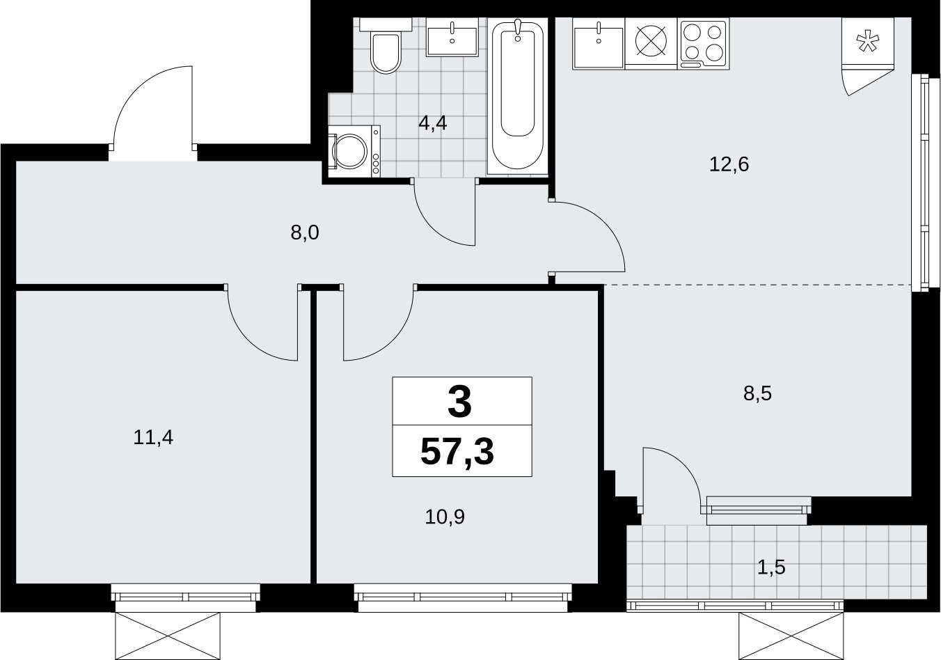 3-комнатная квартира (евро) с полной отделкой, 57.3 м2, 9 этаж, сдача 3 квартал 2026 г., ЖК Дзен-кварталы, корпус 6.1.3 - объявление 2328135 - фото №1
