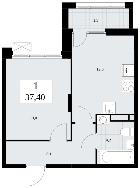1-комнатная квартира с частичной отделкой, 37.4 м2, 6 этаж, сдача 2 квартал 2025 г., ЖК Бунинские кварталы, корпус 1.1 - объявление 1880853 - фото №1