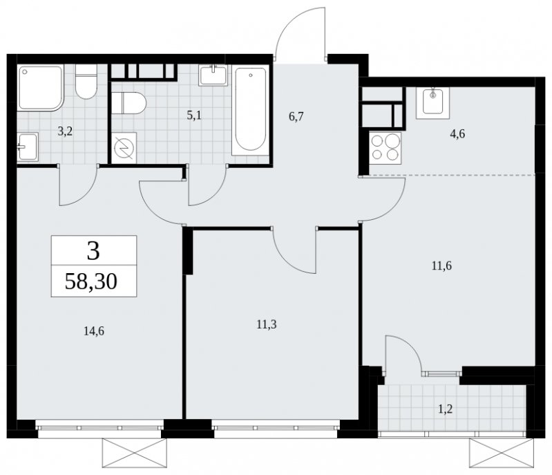 3-комнатная квартира (евро) с частичной отделкой, 58.3 м2, 9 этаж, сдача 4 квартал 2024 г., ЖК Скандинавия, корпус 35.1.1 - объявление 1780107 - фото №1
