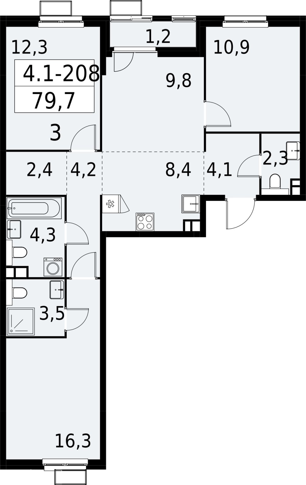 4-комнатная квартира (евро) с полной отделкой, 79.7 м2, 3 этаж, сдача 2 квартал 2027 г., ЖК Южные сады, корпус 4.1.2 - объявление 2392731 - фото №1