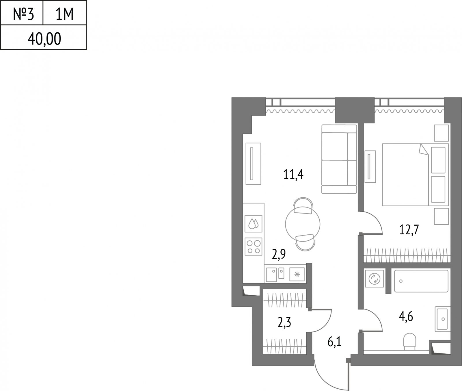 1-комнатная квартира без отделки, 40.1 м2, 9 этаж, сдача 2 квартал 2026 г., ЖК Upside Towers, корпус 1 - объявление 2057036 - фото №1