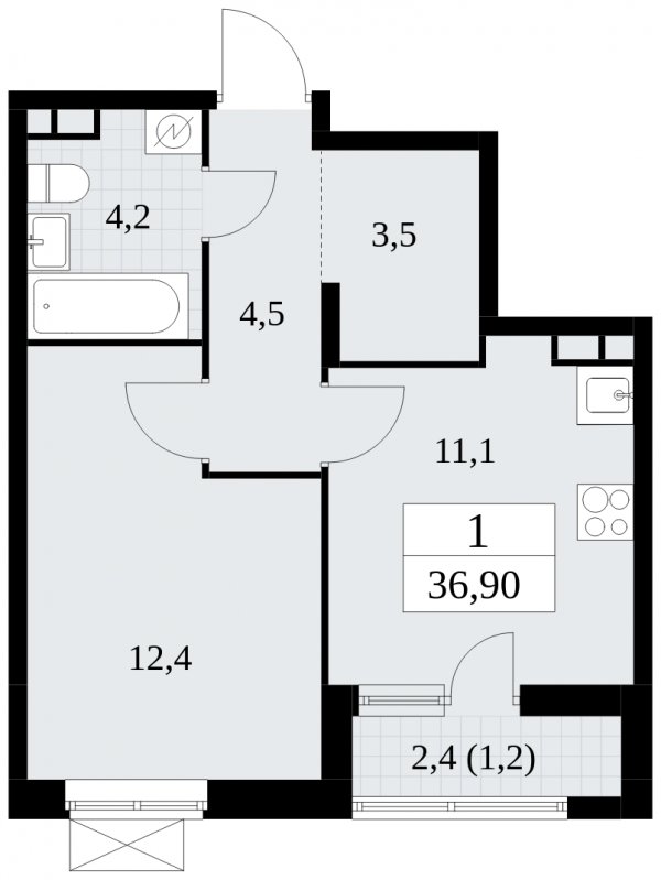 1-комнатная квартира без отделки, 36.9 м2, 3 этаж, сдача 1 квартал 2025 г., ЖК Прокшино, корпус 5.1.3 - объявление 1810726 - фото №1