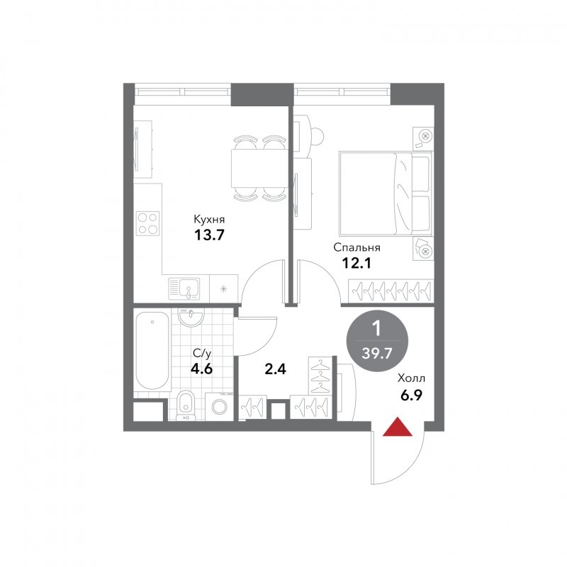 1-комнатная квартира без отделки, 39.7 м2, 10 этаж, сдача 3 квартал 2025 г., ЖК VOXHALL, корпус 2 - объявление 1786782 - фото №1
