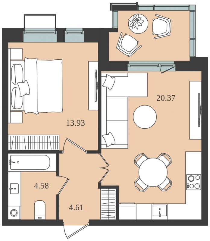 1-комнатная квартира без отделки, 46.27 м2, 2 этаж, сдача 1 квартал 2024 г., ЖК Мишино-2, корпус 8 - объявление 1812156 - фото №1