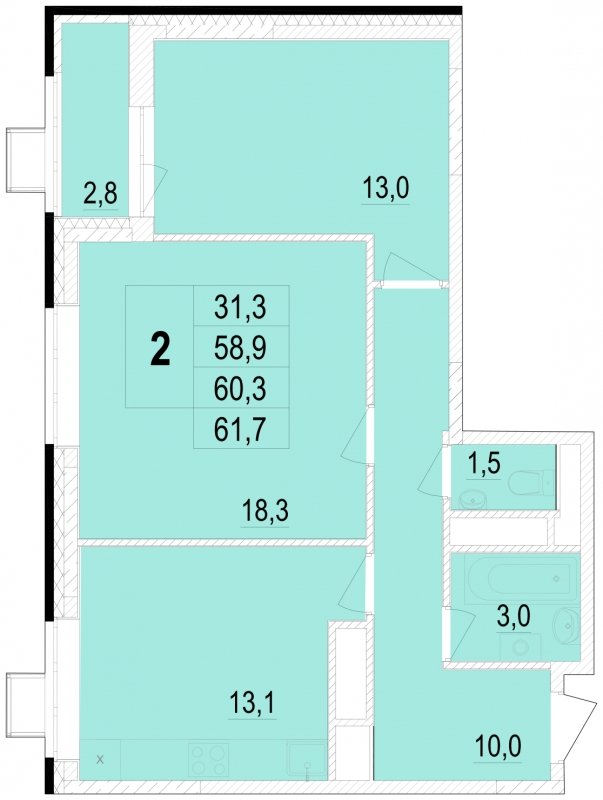 2-комнатная квартира без отделки, 60.3 м2, 25 этаж, сдача 1 квартал 2024 г., ЖК Отрадный, корпус 4 - объявление 1781219 - фото №1