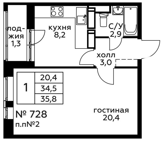 1-комнатная квартира без отделки, 35.8 м2, 17 этаж, дом сдан, ЖК Новоград Павлино, корпус 18 - объявление 1689987 - фото №1