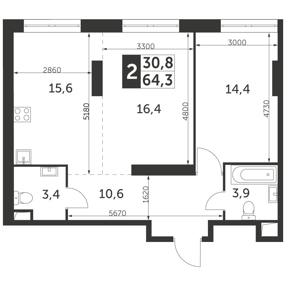2-комнатная квартира без отделки, 64.3 м2, 42 этаж, дом сдан, ЖК Архитектор, корпус 3 - объявление 2329942 - фото №1