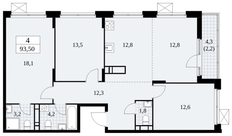 4-комнатная квартира (евро) без отделки, 93.5 м2, 15 этаж, сдача 4 квартал 2024 г., ЖК Скандинавия, корпус 2.27.5 - объявление 1840836 - фото №1