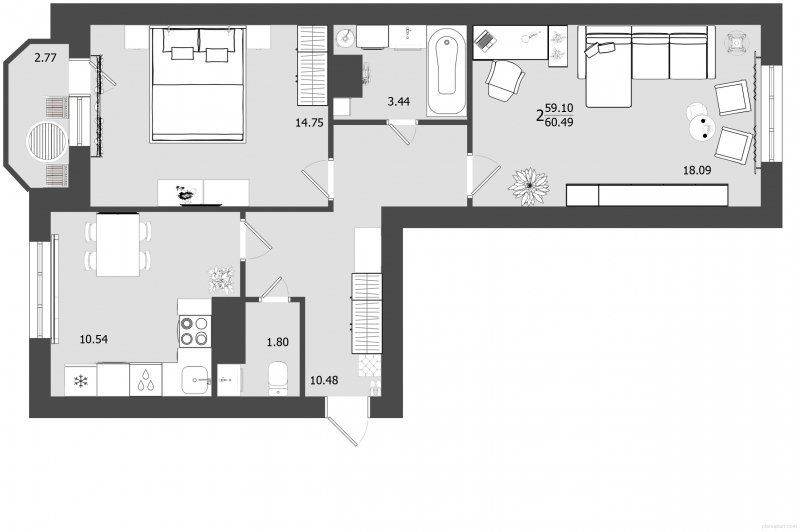 2-комнатная квартира без отделки, 60.5 м2, 1 этаж, дом сдан, ЖК Олимп, корпус 24 - объявление 1303505 - фото №1
